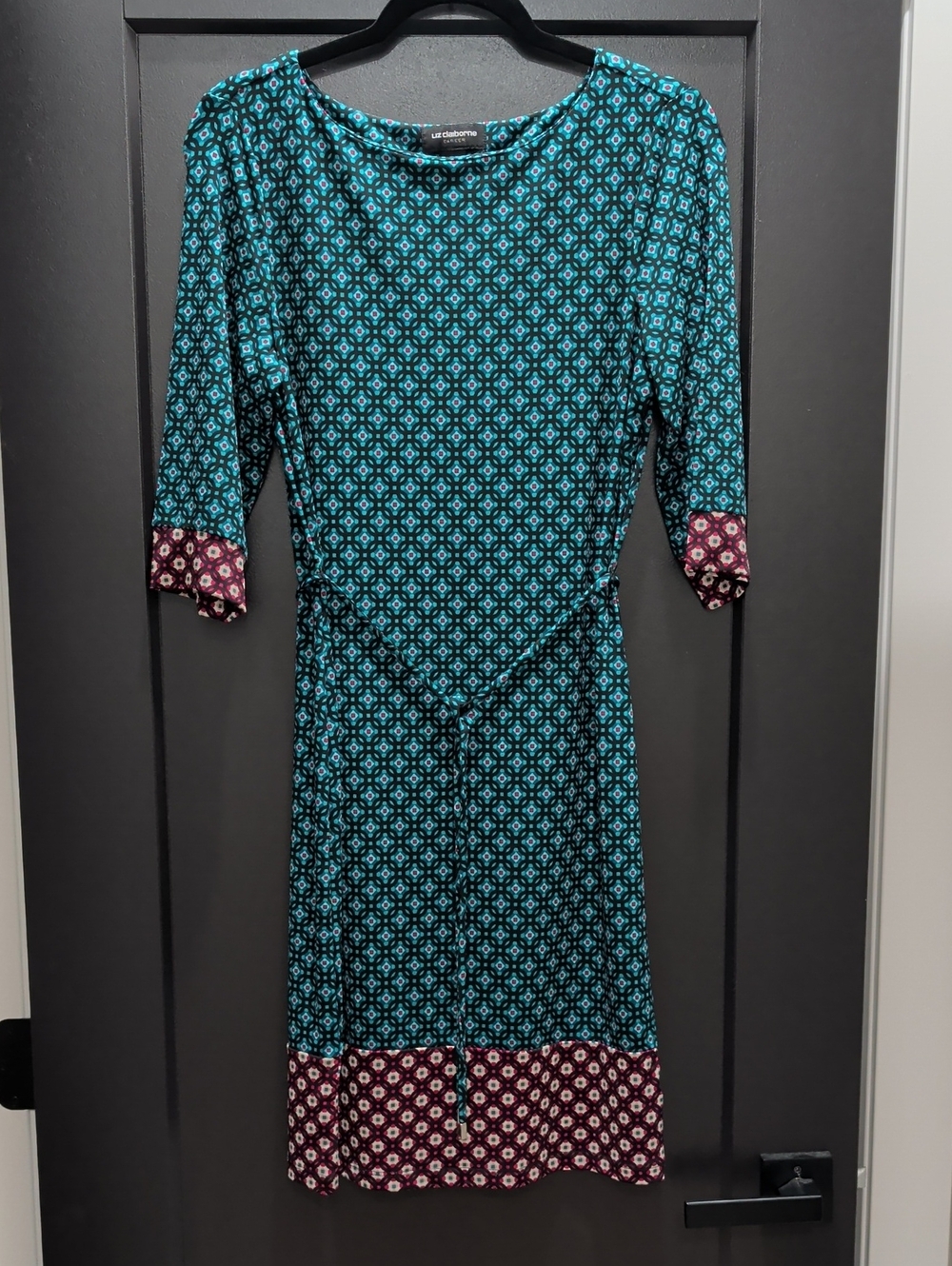 Teal Geometric Midi Dress with Maroon Accents